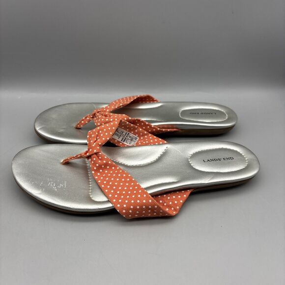 Lands' End Sandals Women’s Size 7B Silver/Orange Polka Dot Thong Flip Flop - Picture 1 of 10